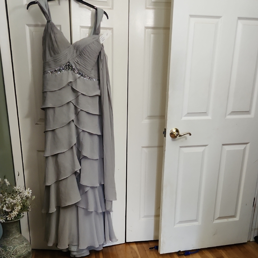 Mori Lee Silver Tiered Evening Gown